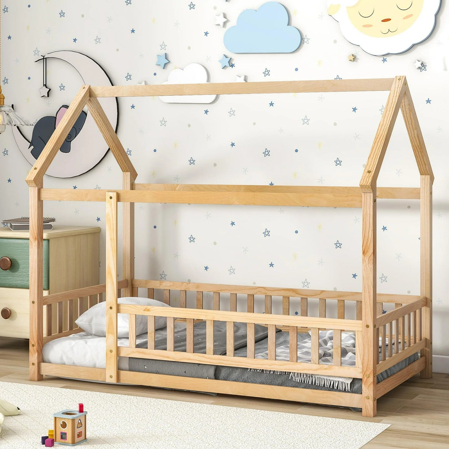 Twin Size Floor Bed Frame with Fence Guardrails for Kids, Toddler Montessori Bed Playhouse Canopy Bed, Wooden House Roof Platform Bed Frame for Teens Girls Boys, No Box Spring Needed, White