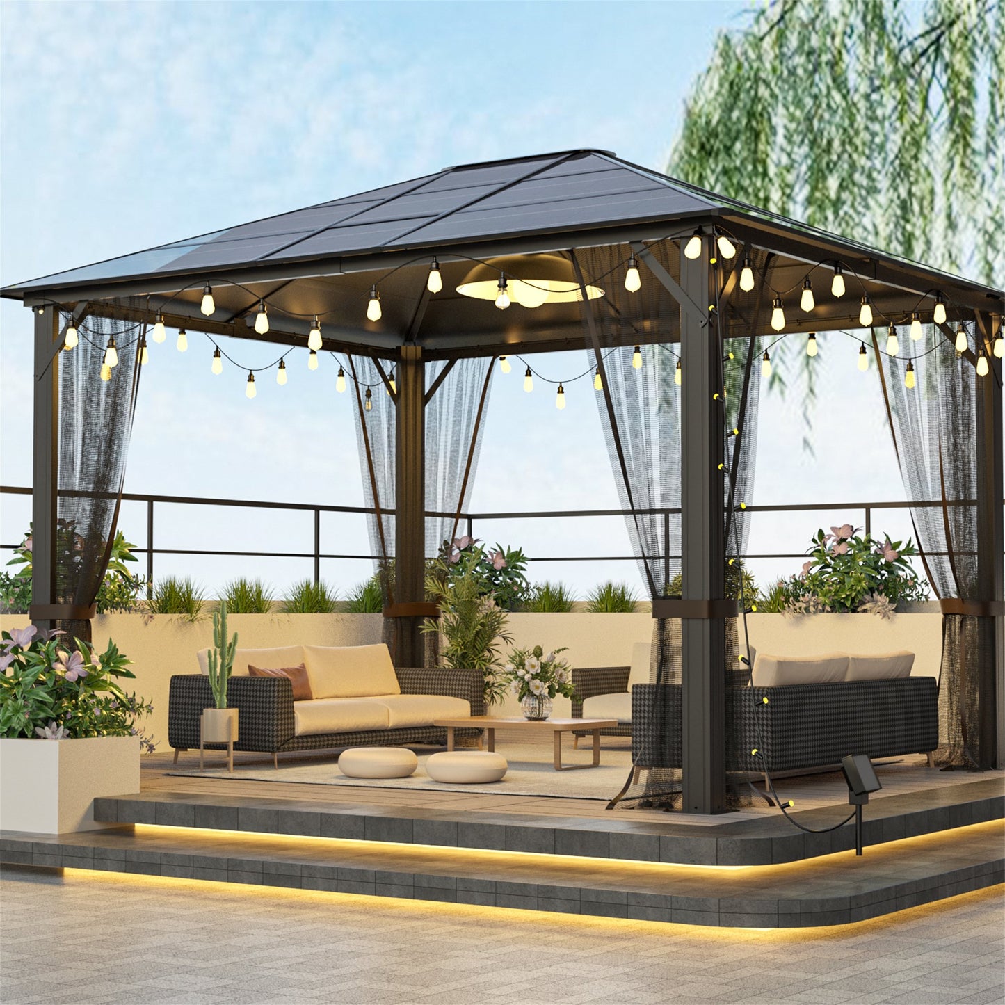 10'x12' Outdoor Gazebo with Mosquito Nets, All Weather Backyard Hardtop Gazebo with Strip Lights and Hook, Patio Outside Gazebo with Sturdy Construction, Heavy Duty Metal Gazebo for Garden, Black