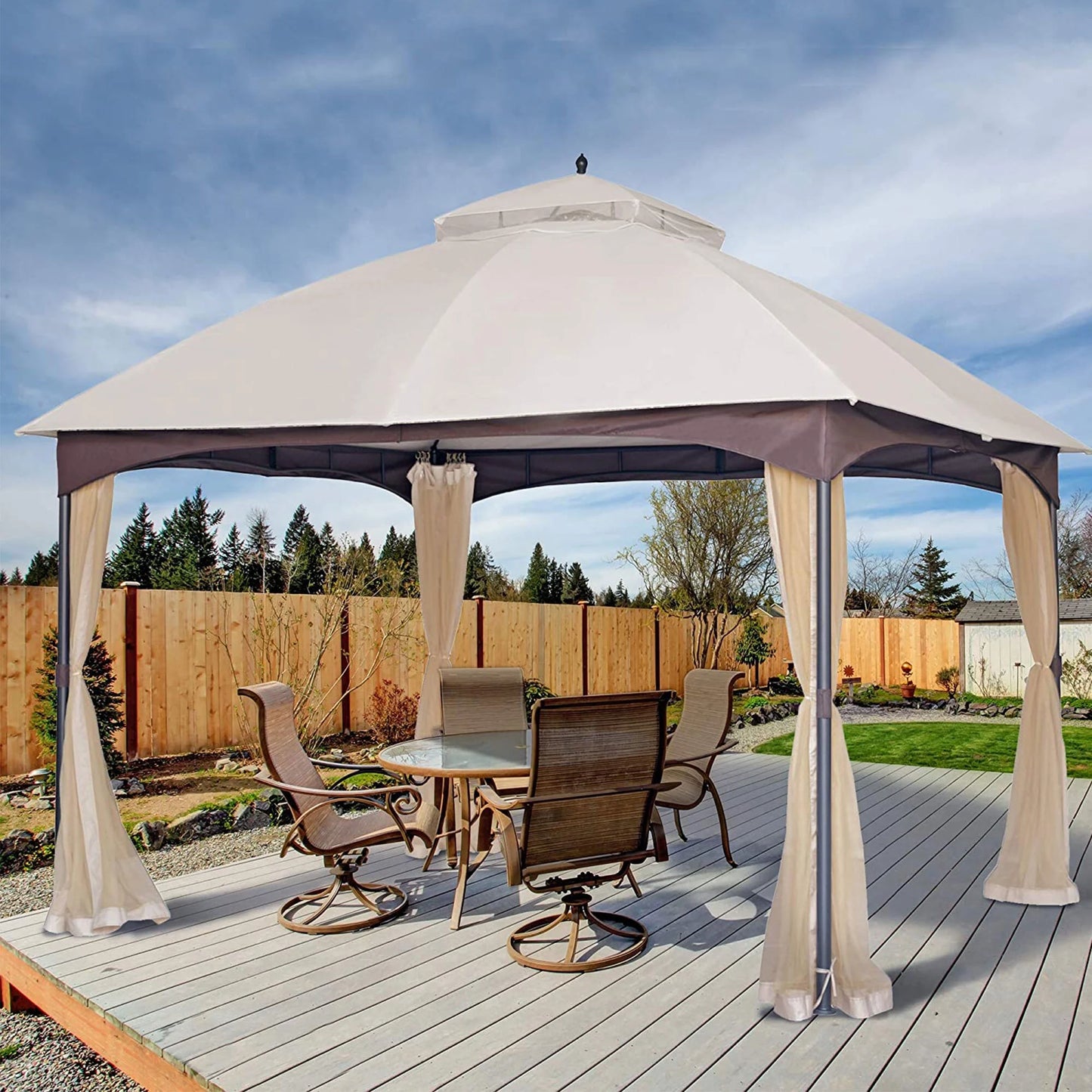 10'x12' Patio Gazebo with Mosquito Net and Sunshade Curtains, Outdoor Waterproof Canopy Gazebo, Double Polyester Roof Galvanized Steel Frame Gazebo, Heavy Duty Gazebo for Backyard Garden, Beige