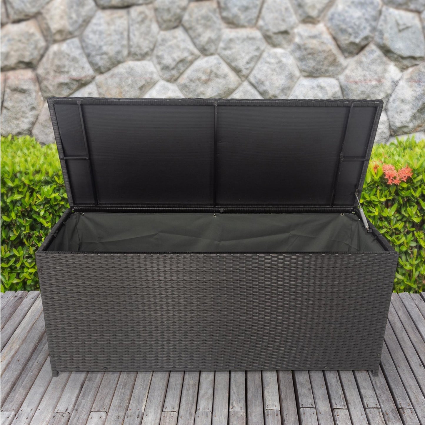 113 Gallon Patio Deck Box, Outdoor Wicker Deck Storage Bench with Hinged Lid, Weatherproof Outdoor Storage Box Organization and Storage for Garden Tools Pool Supplies Patio Cushions Kids Toys, Black