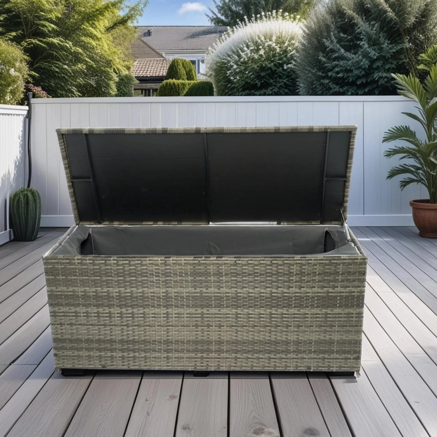 113 Gallon Patio Deck Box, Outdoor Wicker Deck Storage Bench with Hinged Lid, Weatherproof Outdoor Storage Box Organization and Storage for Garden Tools Pool Supplies Patio Cushions Kids Toys, Gray