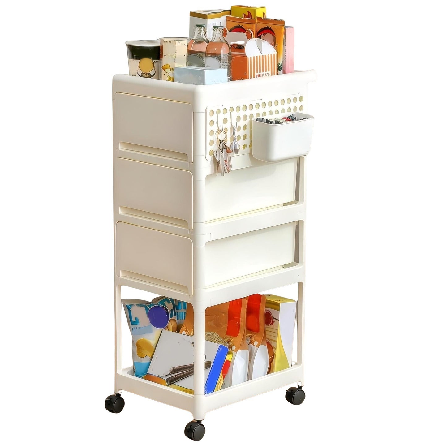 Rolling Cart with Drawers, Carts with 360° Swivel & Lockable Rolling Wheels, Utility Cart with 2 Hanging Boxes, Can Put Snacks, Tools, Pet Supplies, Storage Cart for Living Room, Restroom, White