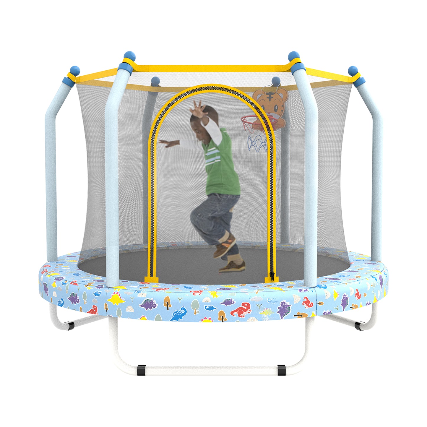55" Toddler Trampoline with Safety Enclosure Net, Trampoline Indoor & Outdoor, Mini Trampoline for kids 1-8 with Basketball Hoop, Ball and Thick Foam Protection, Birthday Gifts for Boys&Girls