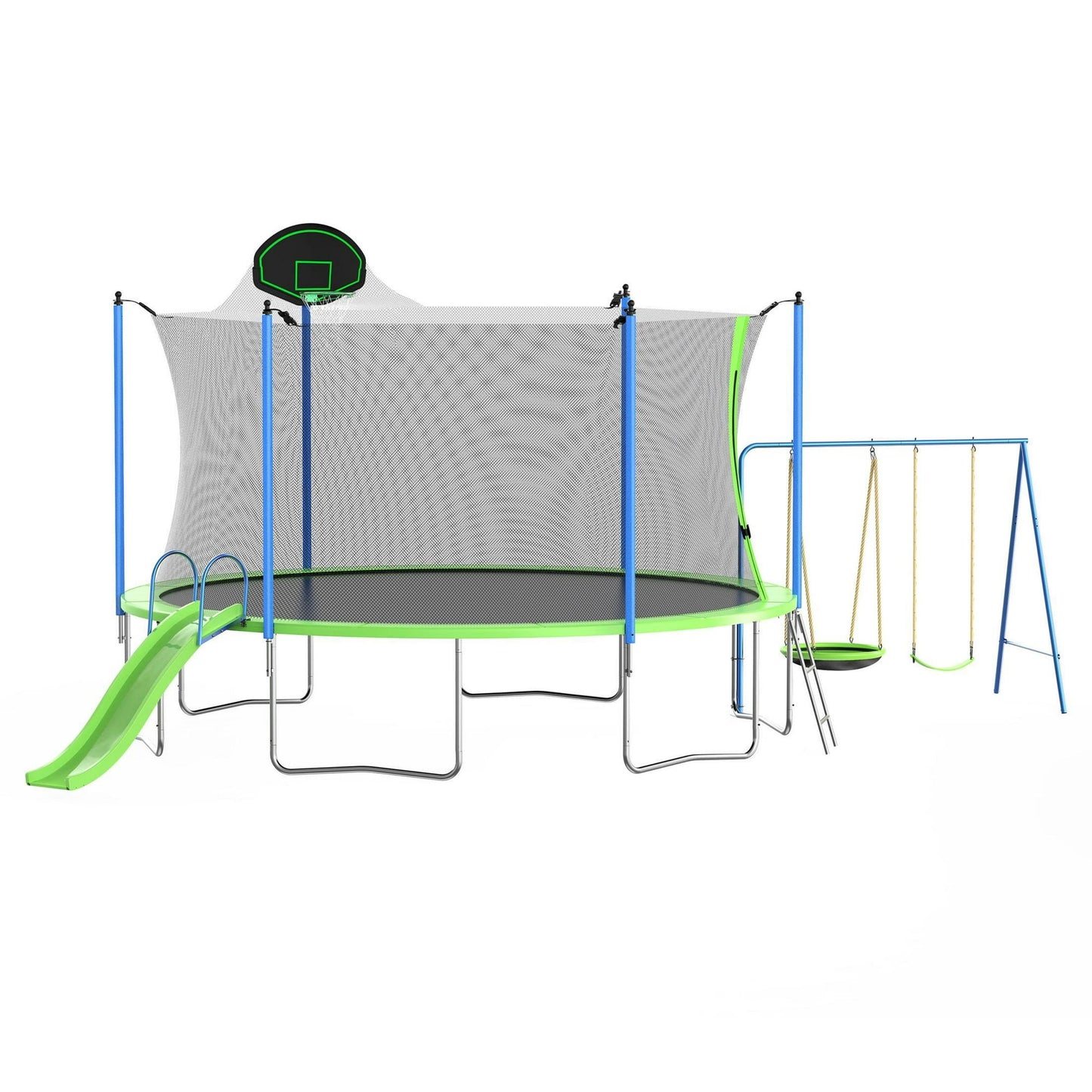 12FT Trampoline with Safety Net and Steel Frame, 260LBS Weight Capacity, Recreational Trampoline with Swing, Basketball Hoop, Slide, Ladder, Trampoline with 72 Springs for Kids and Adults, Green