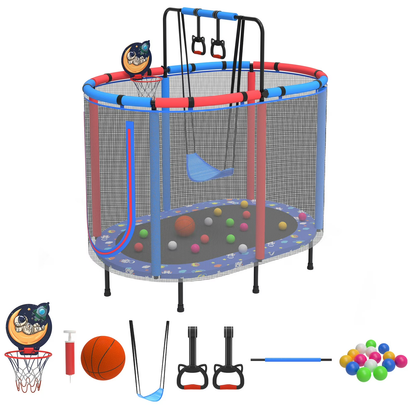 60" Mini Toddler Trampoline with Safety Enclosure Net, CASEMIOL Small Trampoline with Basketball Hoop, Swing and Rings Indoor Outdoor, Kids Recreational Trampoline with No-Gap Design, Green