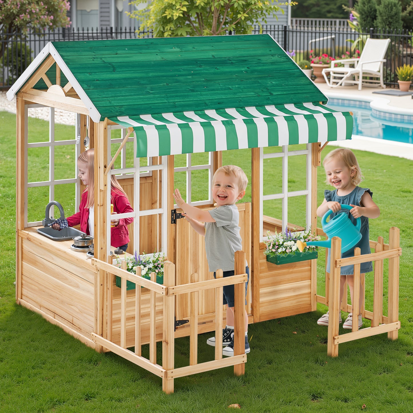 Outdoor Playhouse for Kids 4-8, Toddler Wooden Playhouse with Play Kitchen, Snack-Bar, Gardening Kit for Girls Boys, Play House with Fence, Jungle Green