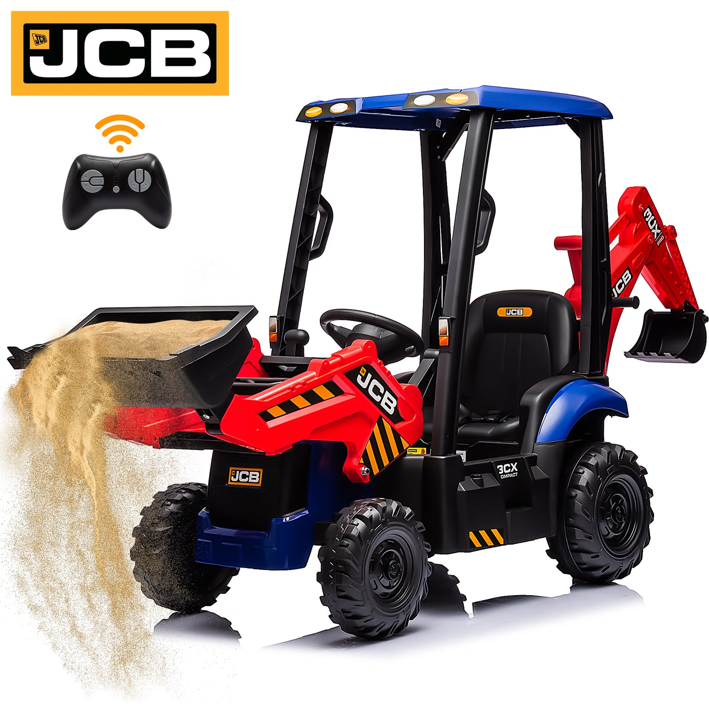 CASEMIOL 12V Kids Ride on Excavator & Bulldozer with Remote Control, Licensed JCB 3-in-1 Electric Car with Loader Backhoe Digger, Battery Powered Ride on Toy for Boys & Girls, Music Player