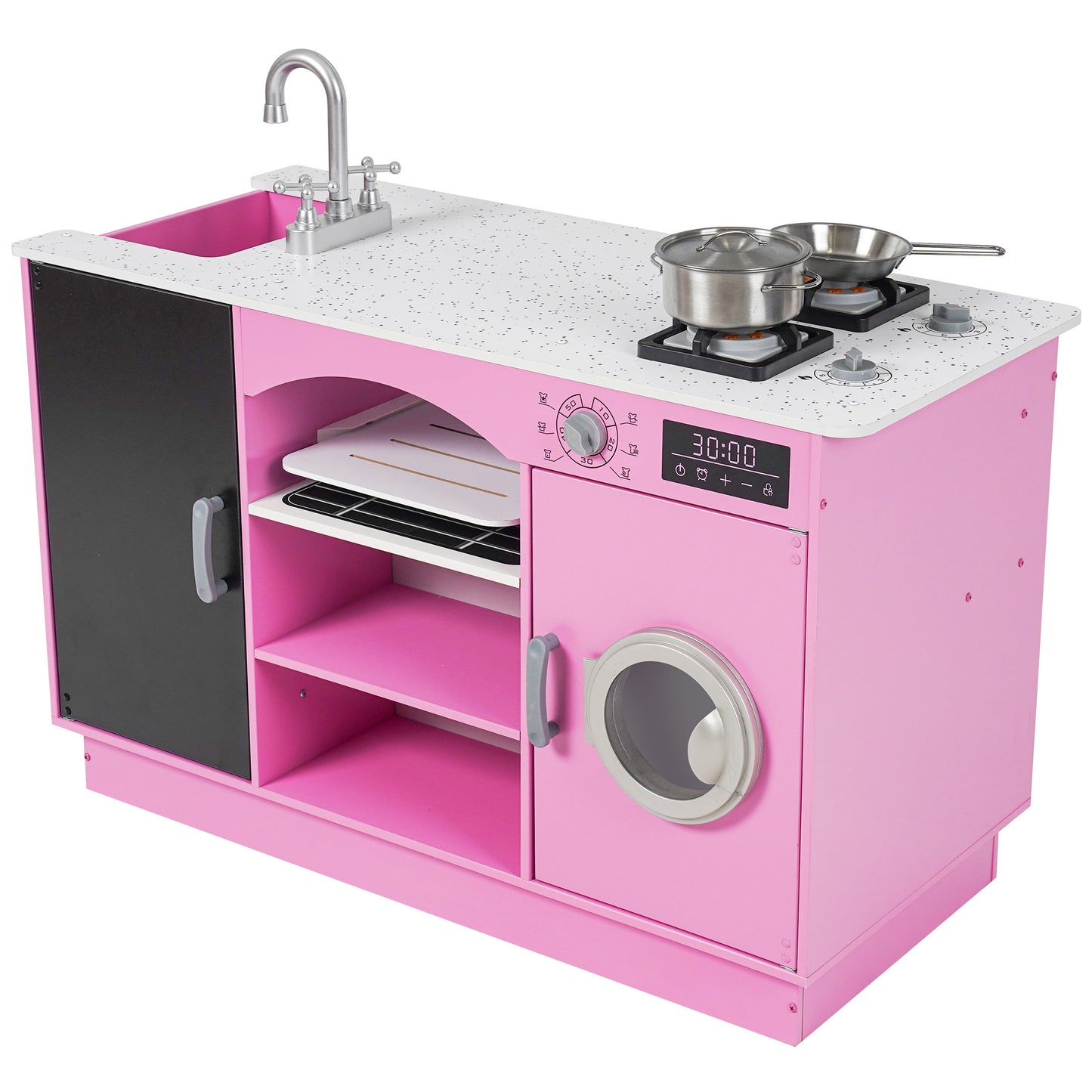 Kids Kitchen Playset, Wooden Play Kitchen Toys w/ Real Lights & Sounds Chef Pretend Play Set for Toddlers, Baby Kitchen w/ Washer, Ice Maker, Oven, Microwave, Kitchen Accessories, Cooking Toys, White