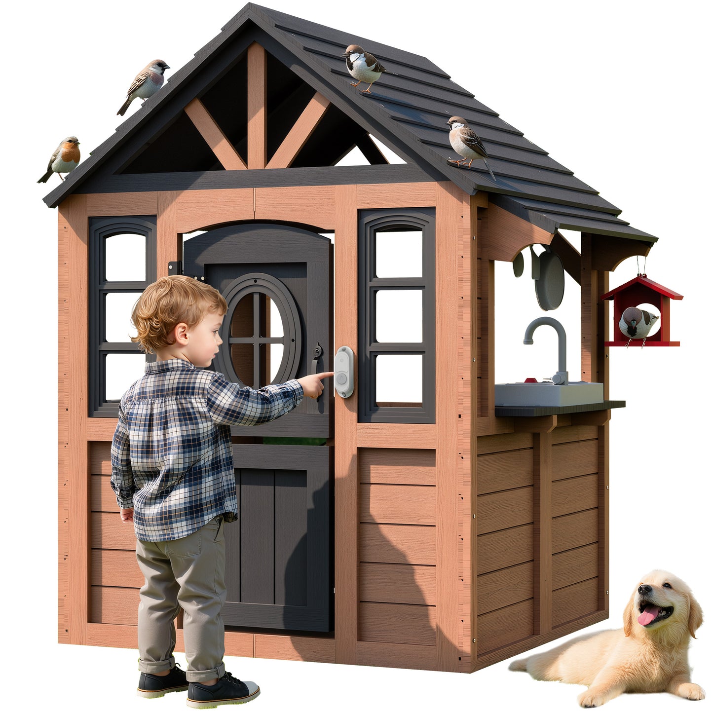 Outdoor Playhouse for Kids 3-5 Years, Kids Playhouse with Play Kitchen, Working Doorbell, Bird Cage, Pet Door, Kids Outdoor Toy Gift, Easy Assembly, Natural