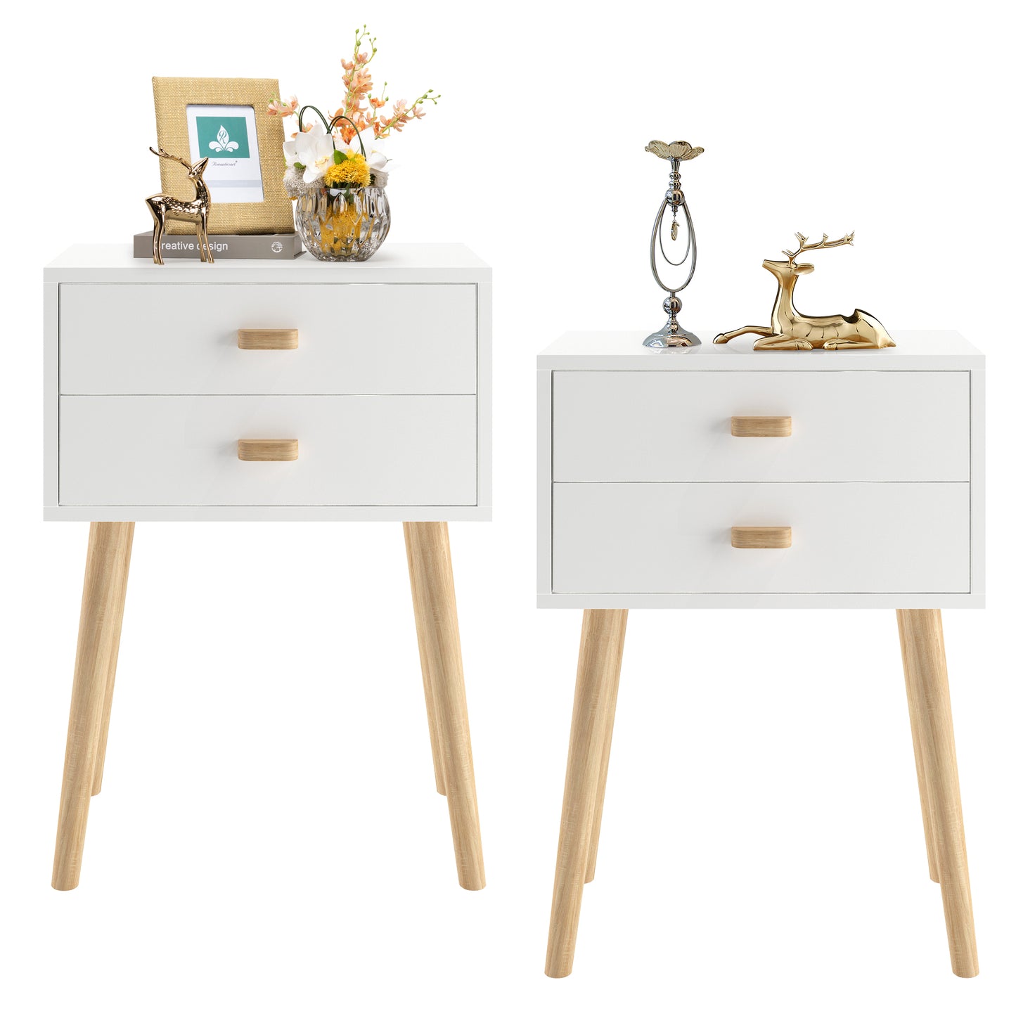 Nightstand Set of 2 with Drawers, Modern Night Stand, Bedside Table with Solid Wood Legs, Nightstands, Simple Assembly, End Tables for Bedroom, Living Room, Office, White