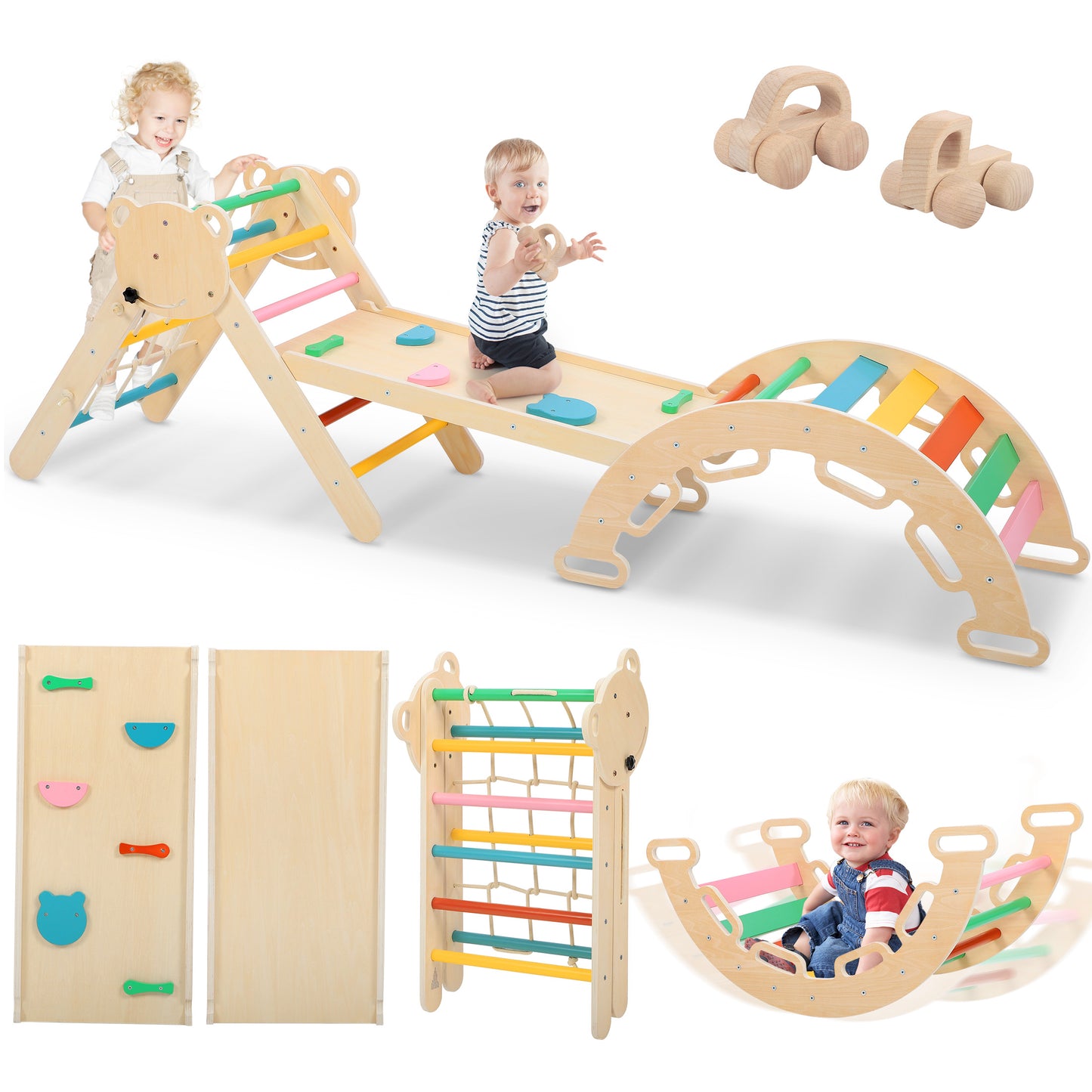CASEMIOL Pikler Triangle Set, 7in1 Toddler Climbing Toys Indoor, Indoor Jungle Gym, Baby Montessori Wooden Play Gym with Arch& Ramp& Ladder - Rainbow