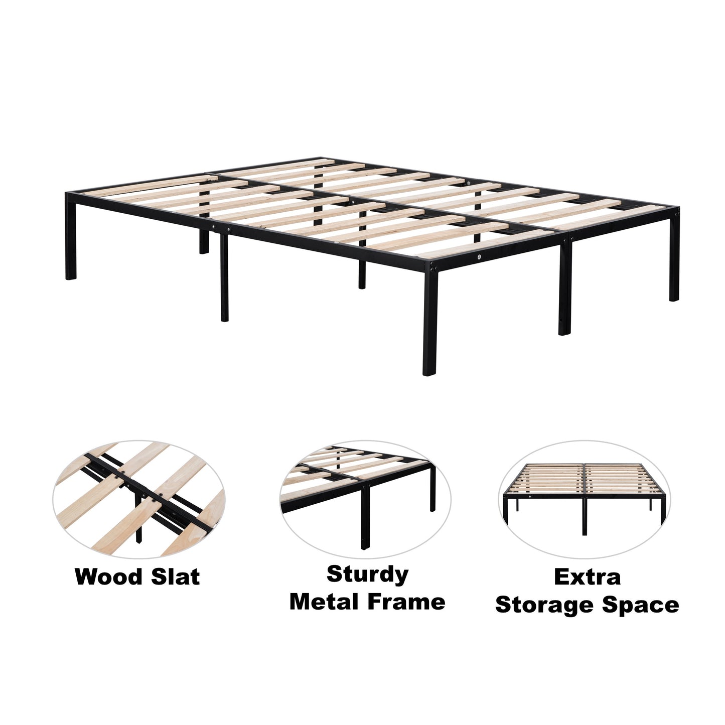 CASEMIOL Steel Full Size Bed Frame, 14 Inch High Black Bed Frames with Wood Slats No Box Spring Needed, Easy Assembly, Noise Free, Suitable for Bedroom