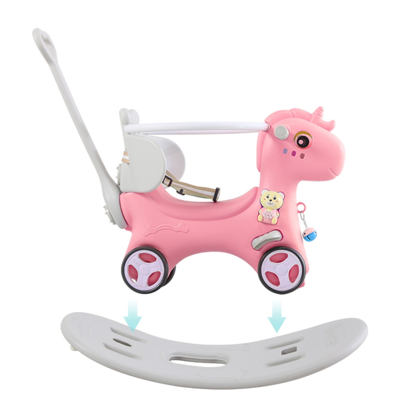4 in 1 Rocking Horse for Toddlers 1-3 Years Old, Baby Rocking Toy Fun Birthday Gift for 1+ Boys, Unicorn Ride on Toy with Detachable Balance Board and Footres, Balance Bike with Push Handle, Pink