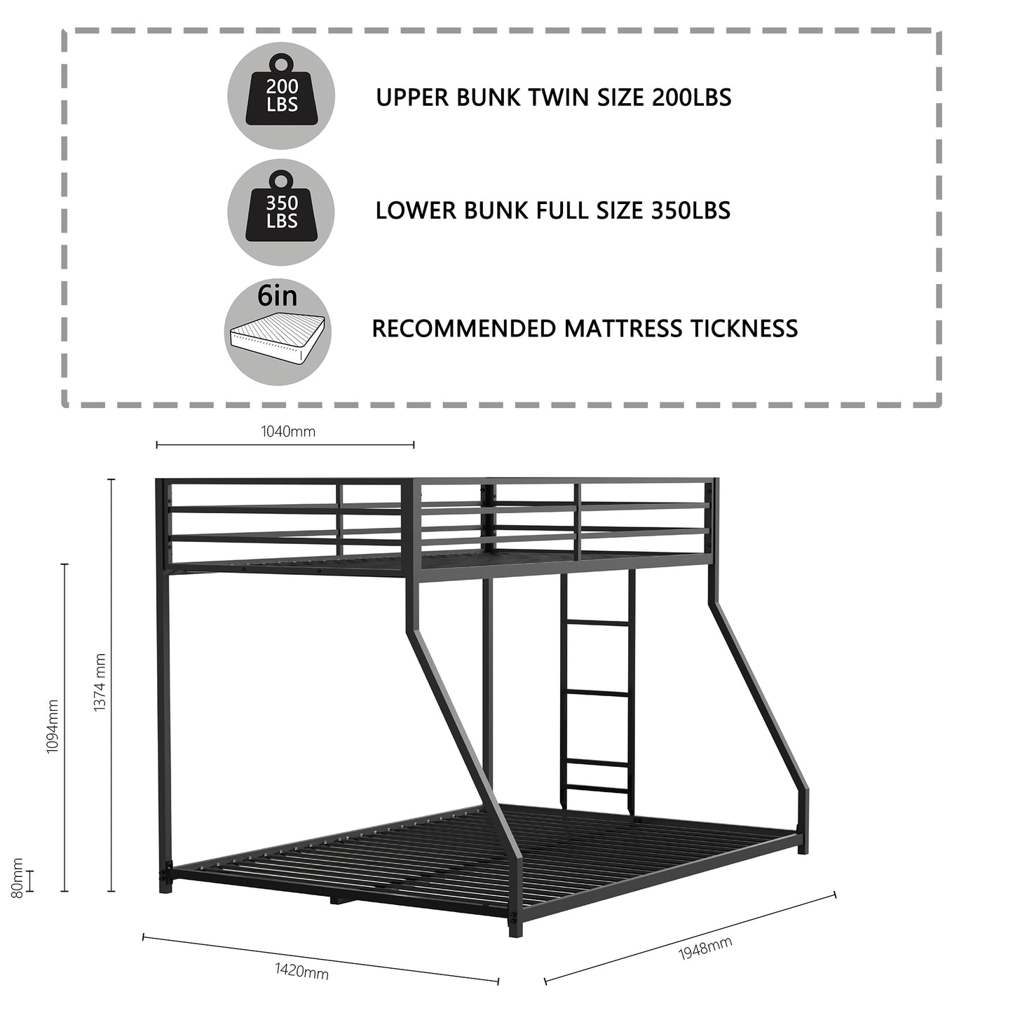 CASEMIOL Bunk Bed Twin Over Full with Removable Ladder & Safety Railing, Metal Bunk Bed for Kids/Adult Bedroom, Noise Free, No Box Spring Needed, Black