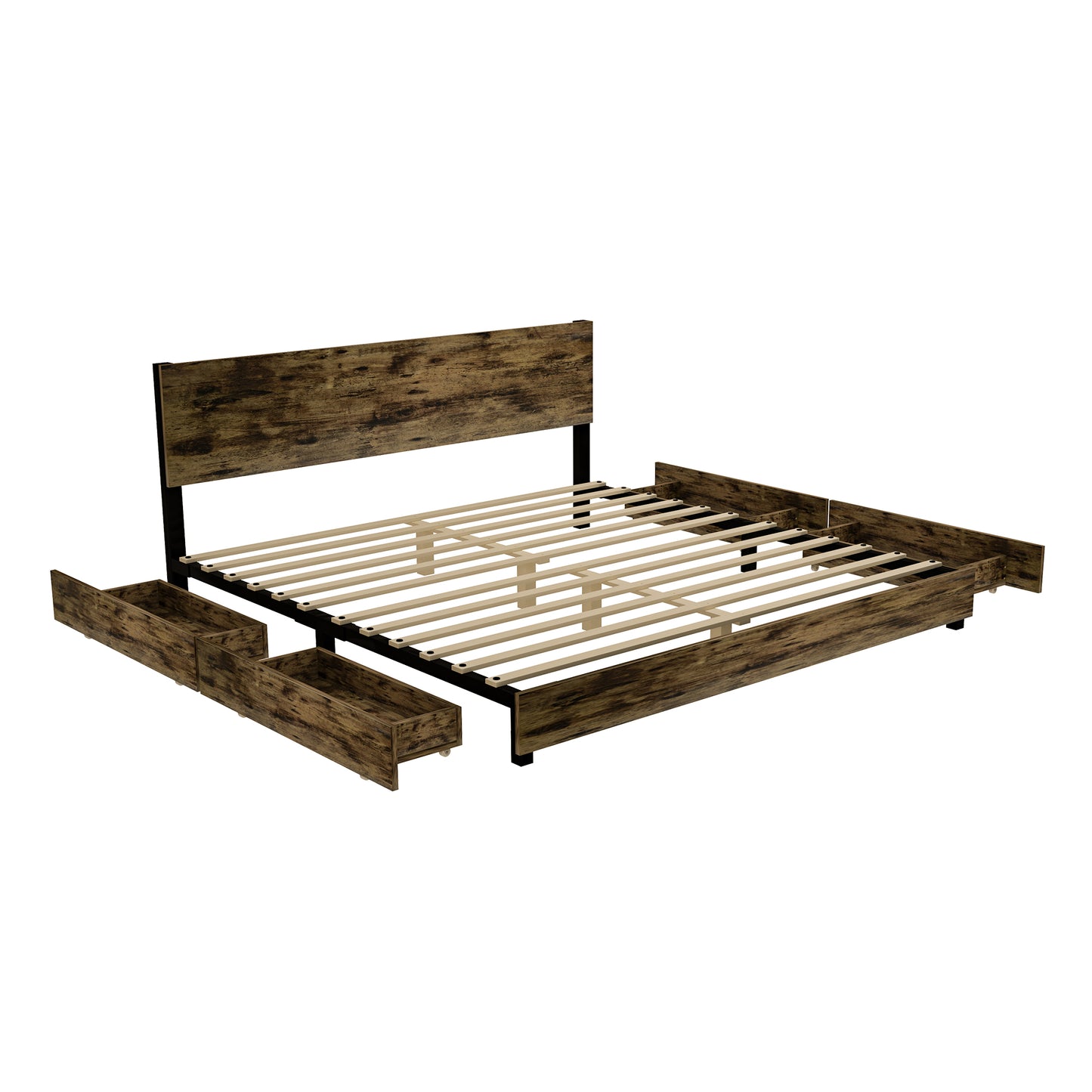 CASEMIOL King Size Bed Frame, with 4 Storage Drawers and Headboard, Solid and Stable, Noise Free, No Box Spring Needed, Easy Assembly, Wood Platform Bed Frame Brown