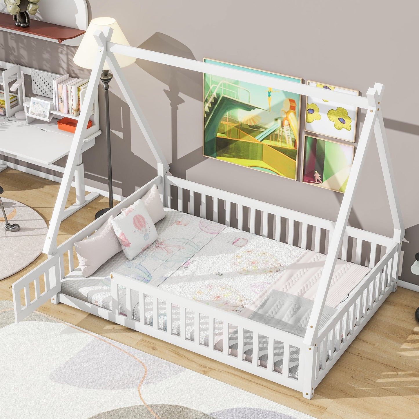 Twin Size Toddler Floor Bed Frame with Safety Guardrails and Door and Slats, Wood Montessor