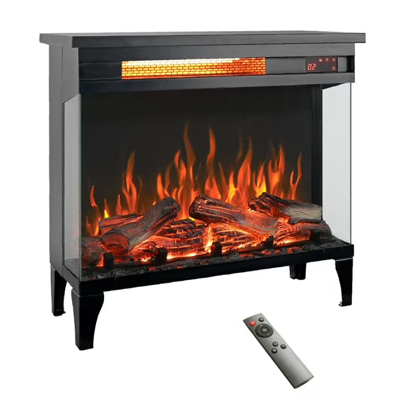 24 inch Timeable Freestanding Small Electric Fireplace, Remote Control Infrared Heater Stove w/ Adjustable Flame Color & Brightness, Indoor Fireplace Heater for 3,000 Sq.Ft, 1500W, Touch Screen,Black
