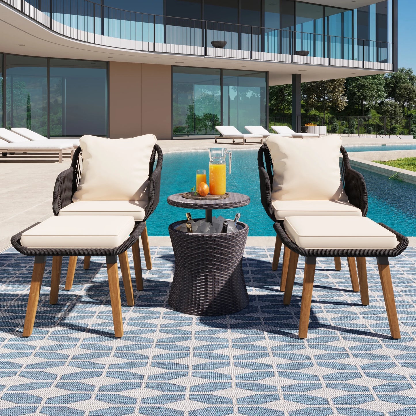 Patio Furniture Set 5 Pieces, Outdoor Bistro Table and Chairs Set with Pop Up Patio Bar Table and Ottomans, Wicker Patio Conversation Sets for Porch Backyard Balcony Poolside, Grey