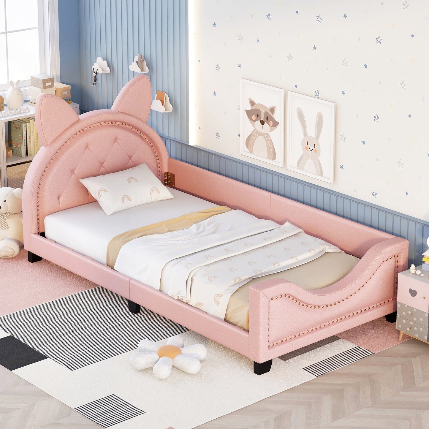 Twin Size Upholstered Daybed, Bed Frame with Carton Ears Shaped Headboard, Twin Daybed Frame Sofa Bed, Easy to Assemble, No Box Spring Needed, Bedframe for Kid's Room Bedroom Living Room