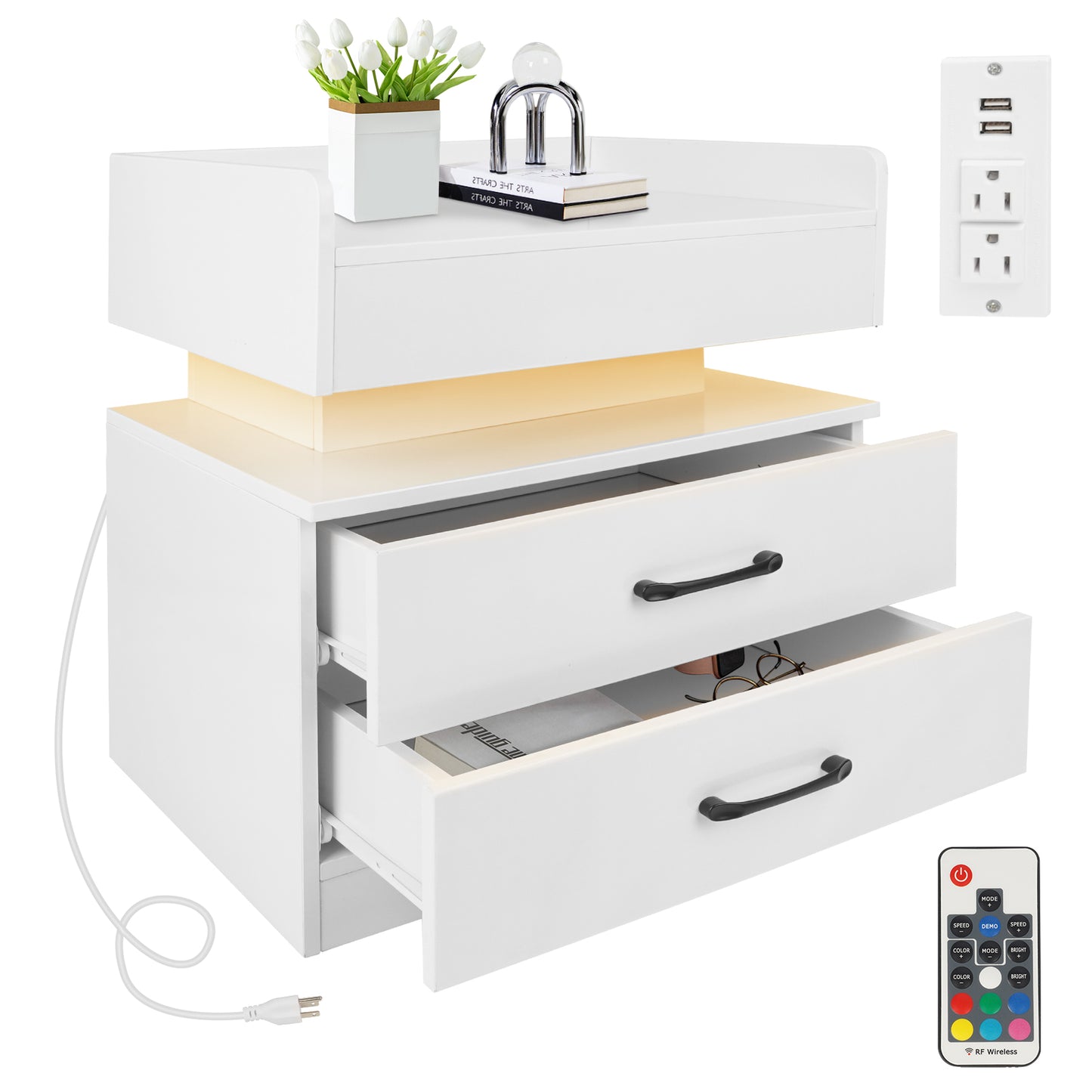 Nightstand with Drawers, Modern Night Stand with Adjustable LED Strip Light, Bedside Table with Charging Station, Nightstands, Simple Assembly, End Tables for Bedroom, Living Room, Office