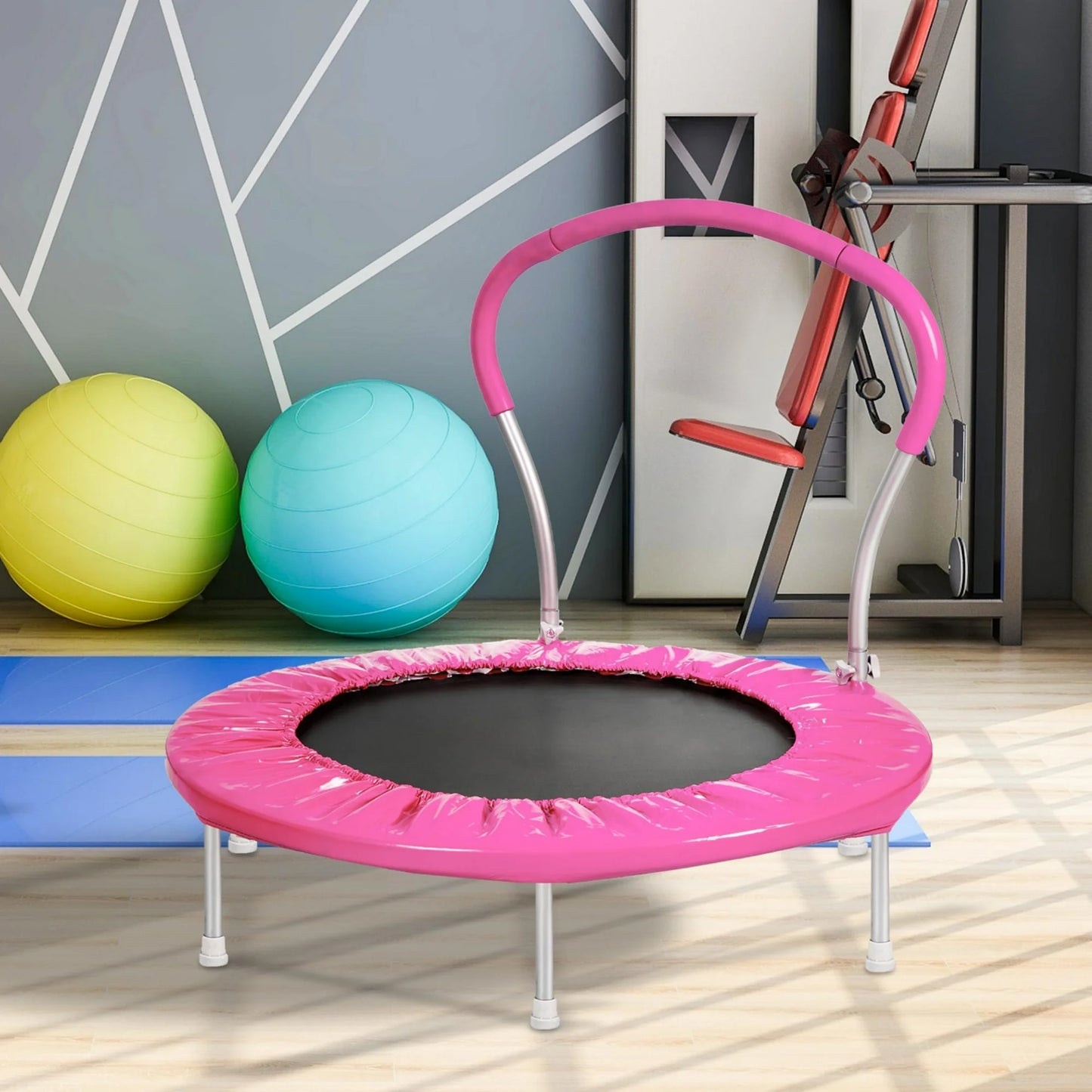 36" Kids Trampoline with Handle, 220LBS Weight Capacity, Recreational Trampolines with Metal Springs and Stable Six Legs, Easy Assembly, Round Trampoline for Kids Indoor Outdoor, Pink