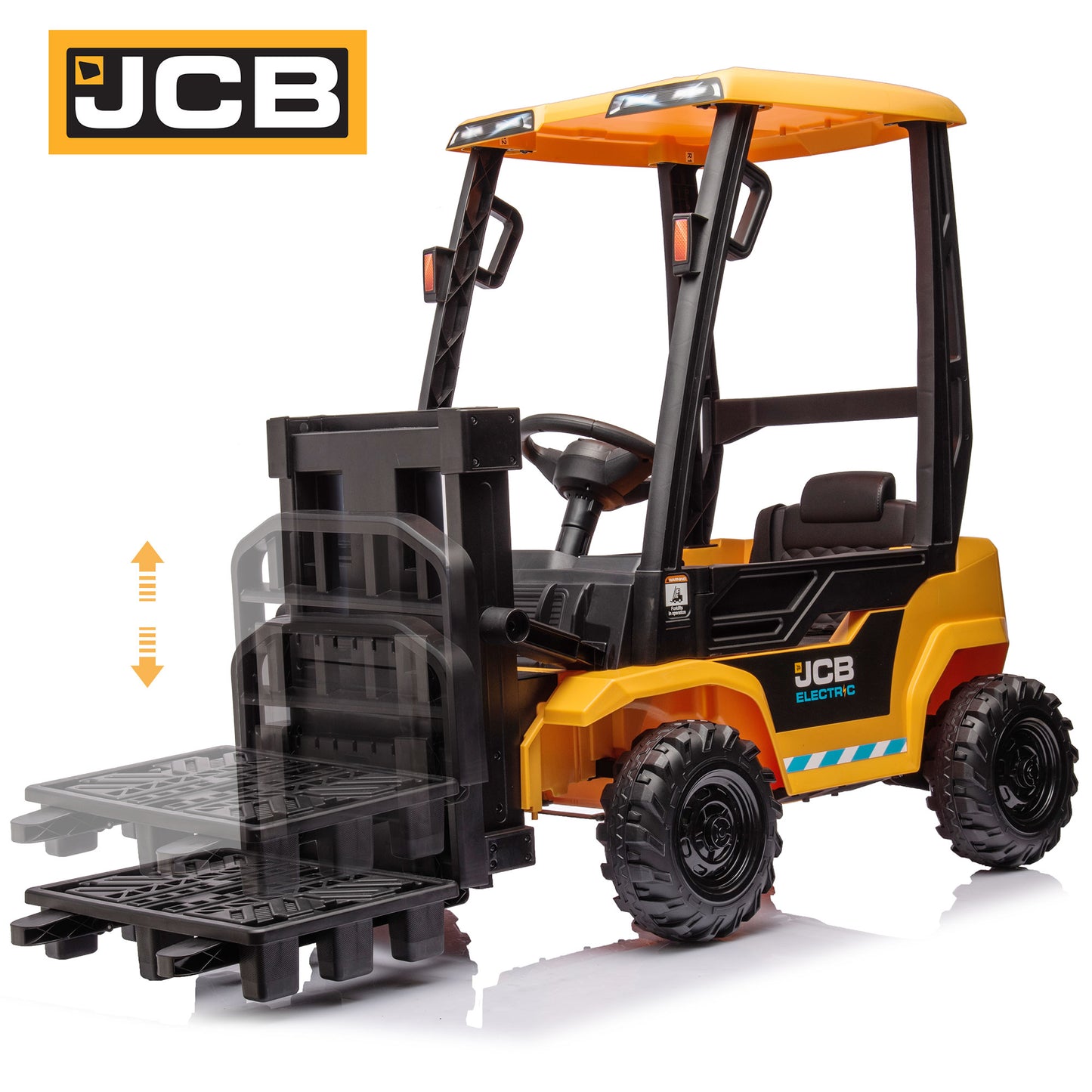 12V Ride On Toy Car for Kids with Remote Control, Liftable Fork and Pallet, Ride On Construction JCB Forklift, Kids Electric Car with Music, Storage Trunk, Tent for Boys Aged 3-6, Yellow