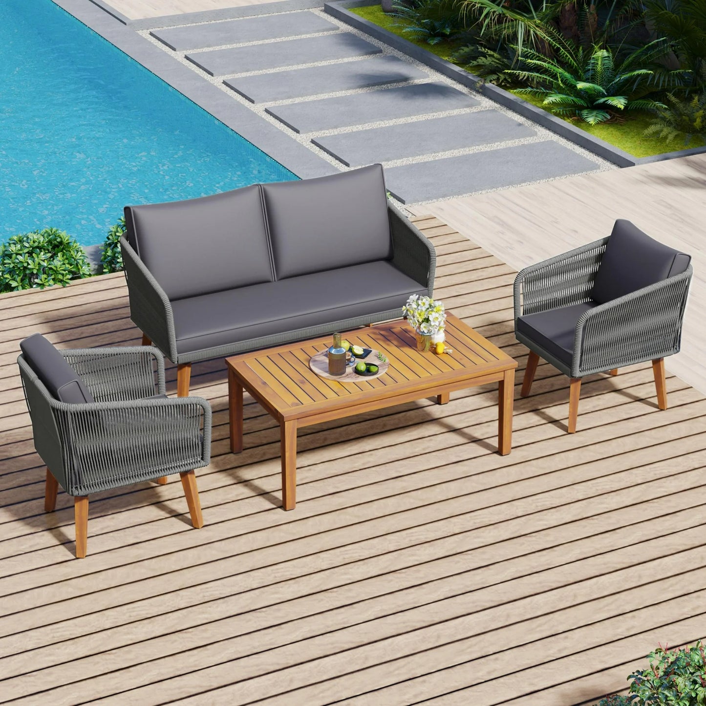 Outdoor Patio Furniture Set with Solid Wood Outdoor Sofa, Rattan Patio Table and Chairs Set of 4 Wicker with Removable Cushions, Patio Conversation Sets with Metal Frame for Balcony Porch Lawn, Beige