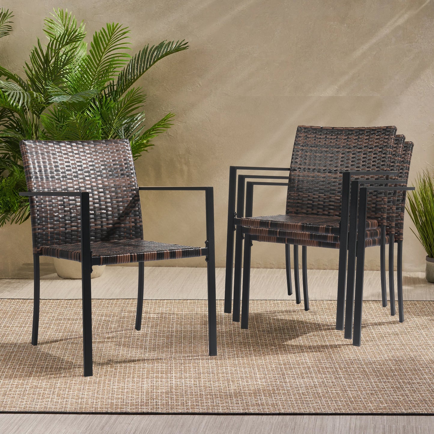 Outdoor Wicker Patio Dining Chairs Set of 2, CASEMIOL All-Weather Stackable Rattan Armchair, Steel Frame for Deck Garden Yard, Brown
