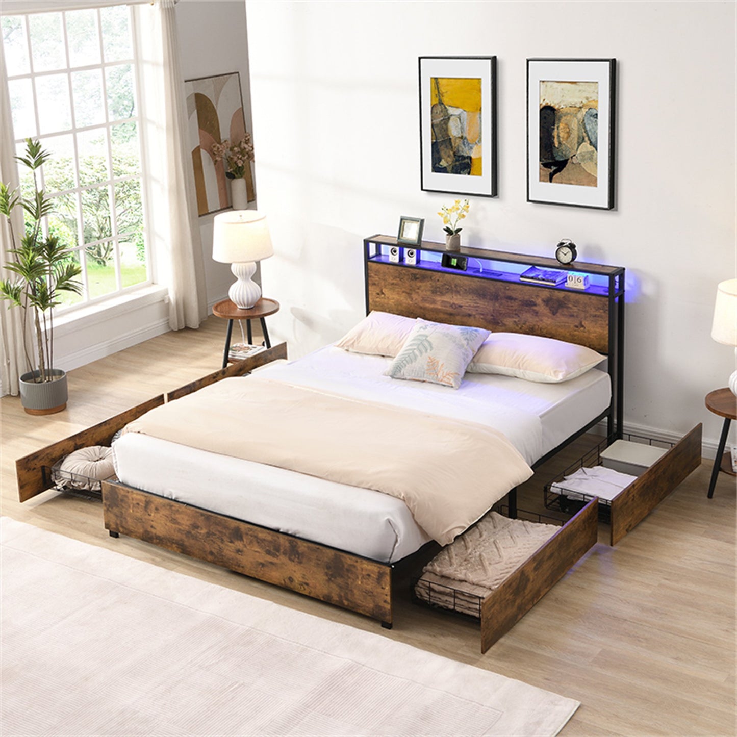 Full Size Bed Frame with Headboard and Charging Station, Platform Bed Frame with 4 Storage Drawers, Stable Metal Bed Frame with LED Lights, Noise Free, No Box Spring Needed, Easy Assembly, Brown