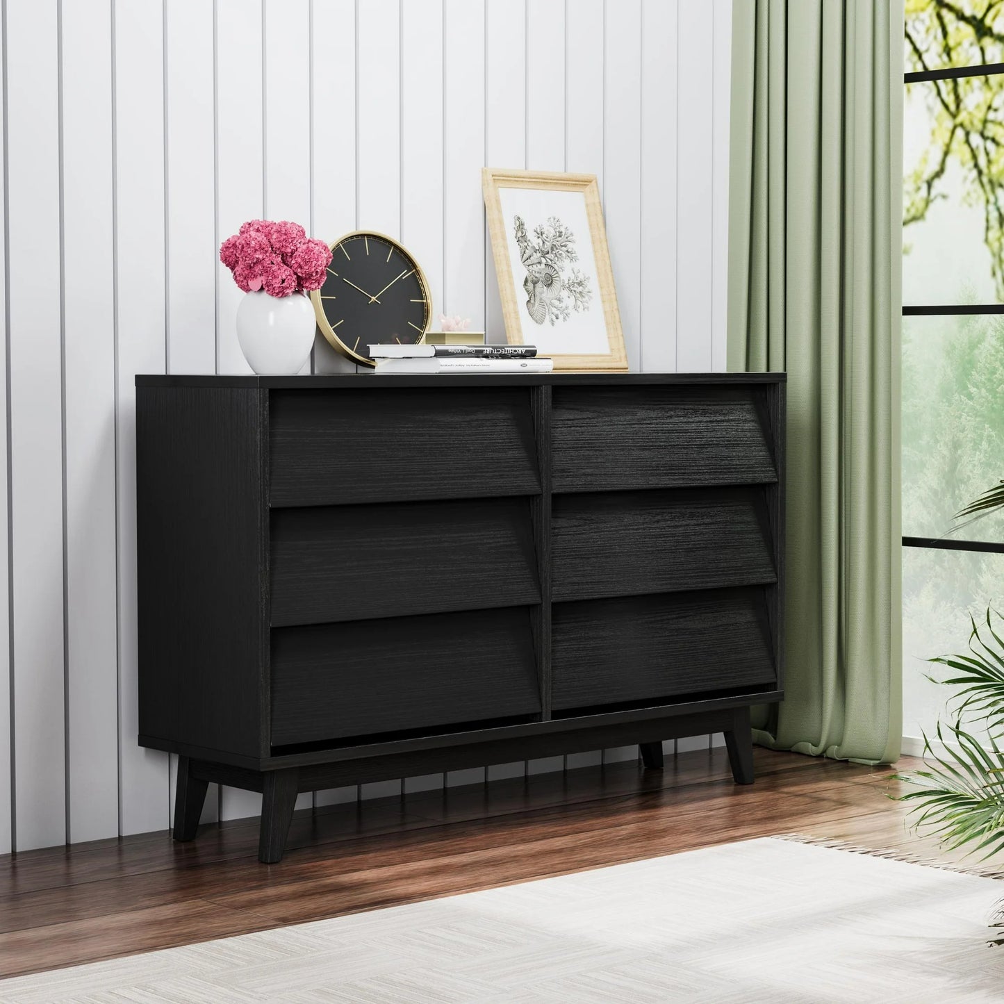 Vertical Dressers for Bedroom with 4 Wide Deep Drawers, Wooden Storage Drawer Dresser with Hidden Pulls, Modern Bevel Design Chest of Drawers with Stabilizing Feet for Living Room Hallway, Black