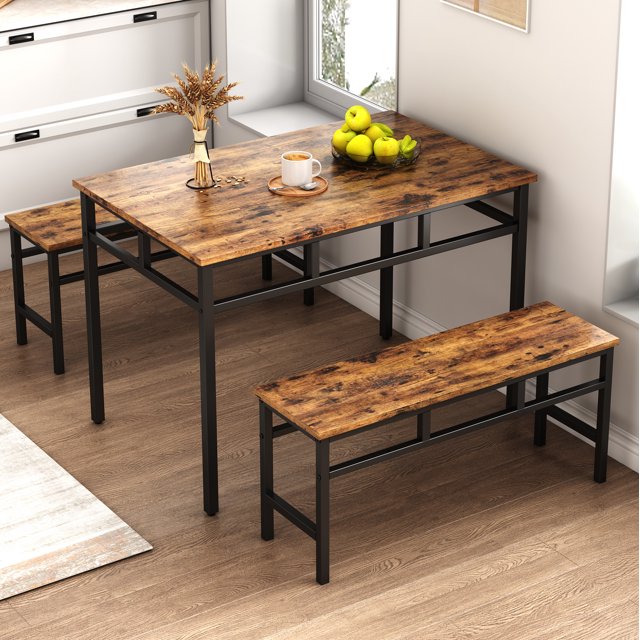 Kitchen Dining Room Table Sets, Kitchen Table Set with 2 Benches, Ideal for Home, Kitchen and Dining Room, Breakfast Table of 42x31.4x30 inches,15.7x15.9x33.8 inches, Retro-Brow