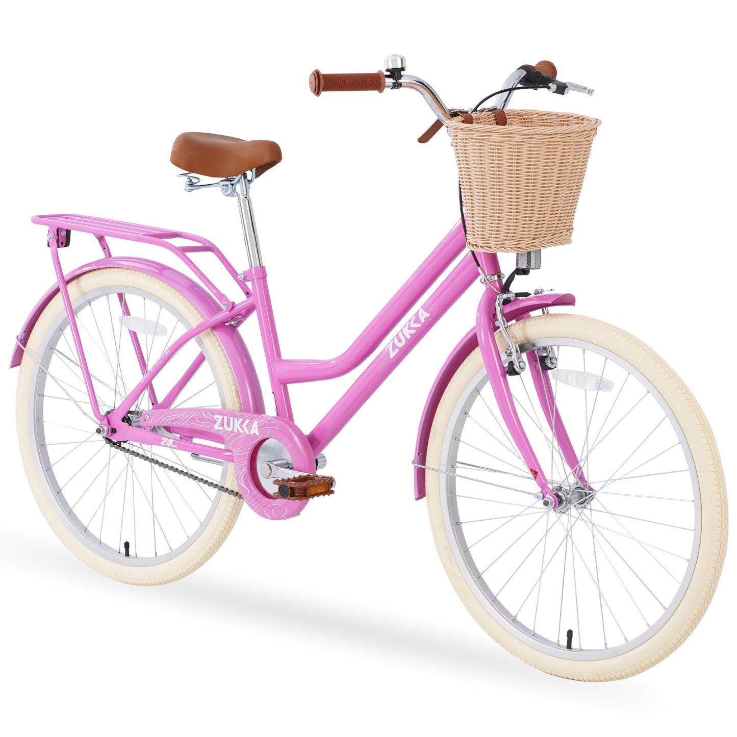 Girls 24 inch Bike for 12+ Years Old, City Bicycle Leather Seat & Handlebars, Basket, Front Hand Brakes, Rear Coaster Brake & Safety Bell
