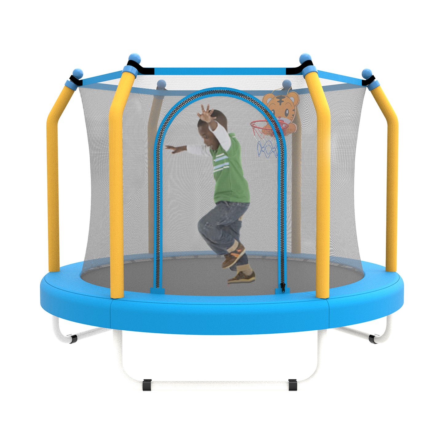 55" Toddler Trampoline with Safety Enclosure Net, Trampoline Indoor & Outdoor, Mini Trampoline for kids 1-8 with Basketball Hoop, Ball and Thick Foam Protection, Birthday Gifts for Boys&Girls