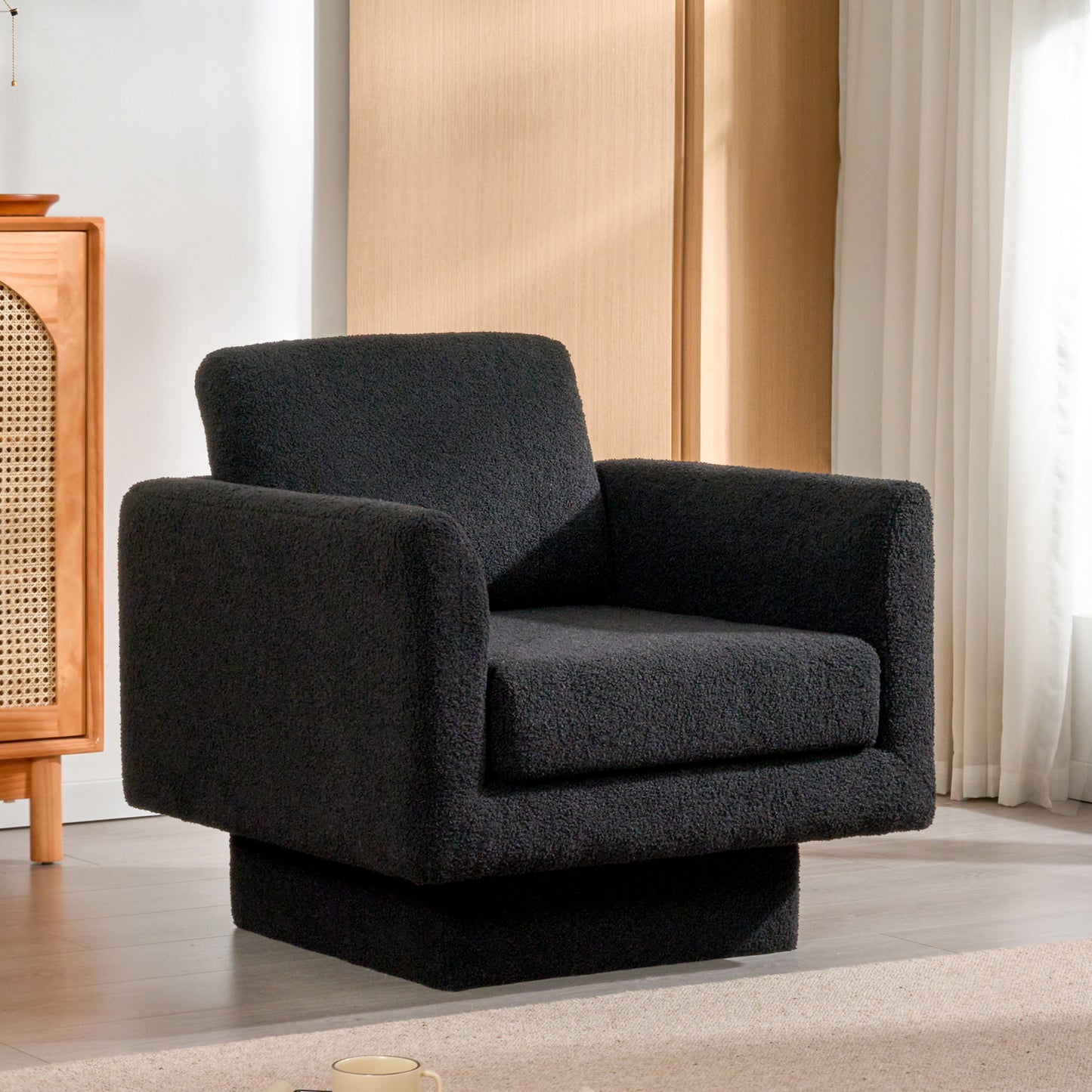 CASEMIOL 360° Swivel Accent Chair, 30" Teddy Sherpa Round Armchair with Thick 6-Inch Cushion, Comfy Upholstered Lounge Barrel Chair for Living Room, Bedroom, Nursery, Reading Club, Black