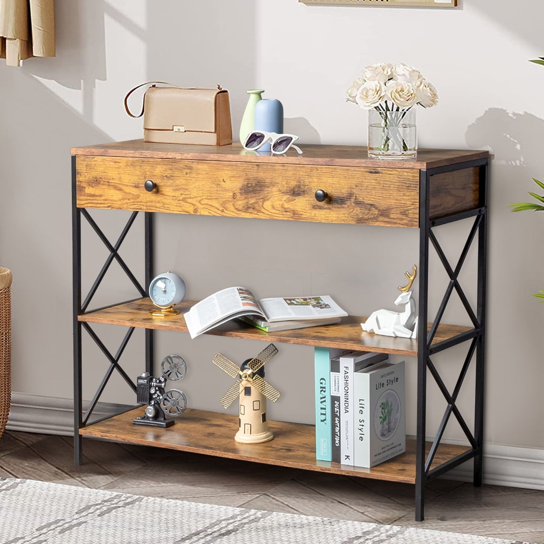 39.4inch Console Table with 2 Drawers, Industrial Entryway Table with 3-Tier Storage Shelves, Narrow Accent Table Metal Frame for Living Room/Entryway/Hallway, Rustic Brown