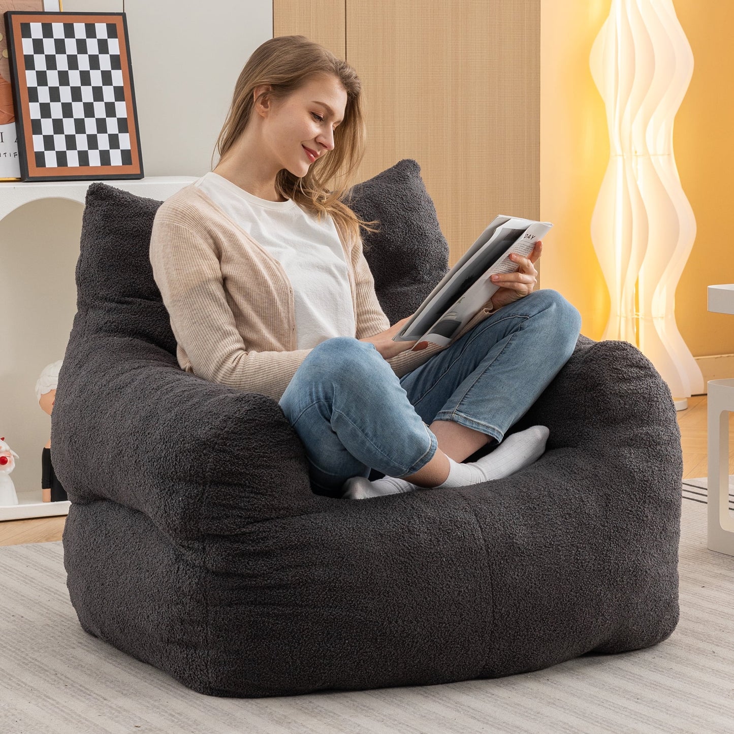 Bean Bag Chair with Tufted Back, Teddy Fabric Adult Bean Bags with Armrests, Soft Filled Bean Bag Sofa Chair with Memory Foam, Lazy Sofa Chair for Adults to Game, Read, Watch TV