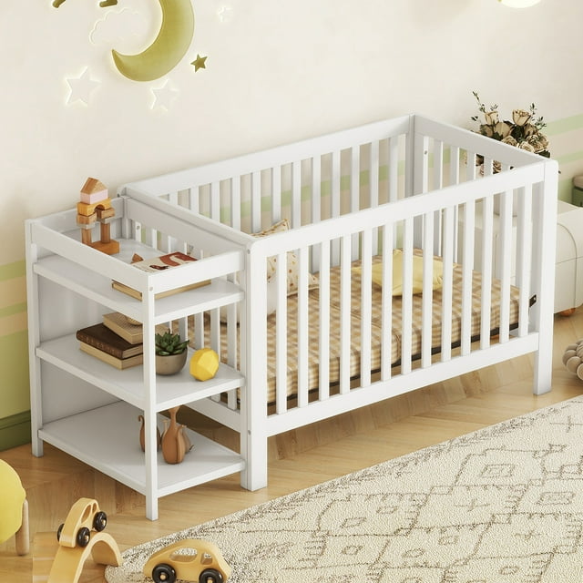 CASEMIOL 7 in 1 Convertible Crib with Changing Table, Baby Cribs with Adjustable Mattress Height, Can Be Converted to Toddler Bed with Toddler Guardrail, Conversion Rail, Solid Wood, Full, Natural