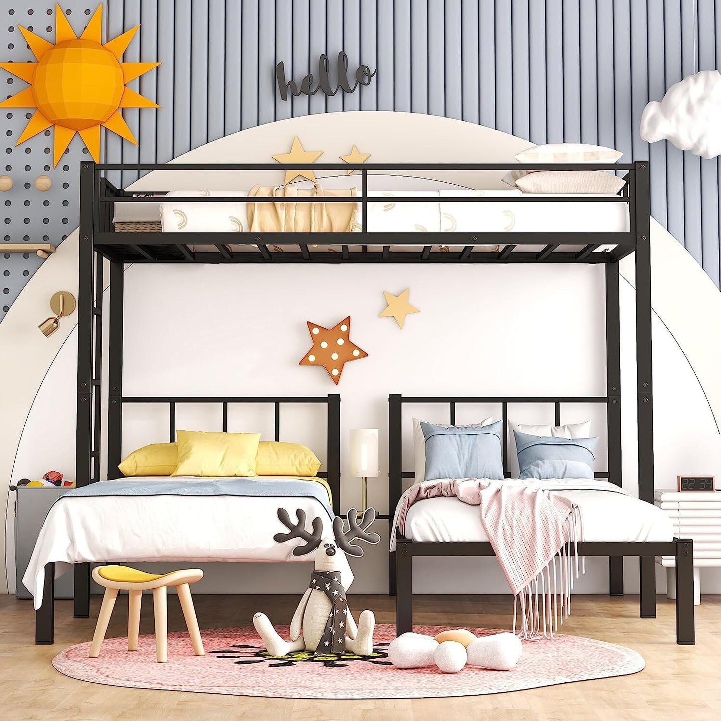 CASEMIOL Bunk Beds Twin over Twin, Triple Bunk Beds for 3 Kids with Ladder, Headboard, Guardrail, Storage Shelves, Storage Space, Convertible Triple Bunk Set,for Teens Adults, Metal, Twin Size, Black