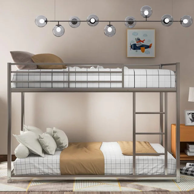 CASEMIOL Full over Full Low Bunk Bed for Kids, Heavy Duty Metal Low Bunk Bed Frame with Safety Guardrail and Ladder for Teens Adults Bedroom Furniture, Noise Free, No Box Spring Needed