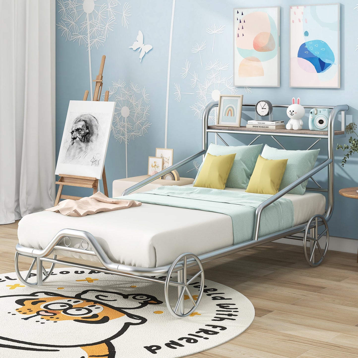CASEMIOL Kids Bed Frames Twin with Headboard, Platform Bed Frame with Storage Shelf, Kids Bed with Car Shape and Guardrails for Boy Girls Bedroom Furniture, Metal, Twin Size