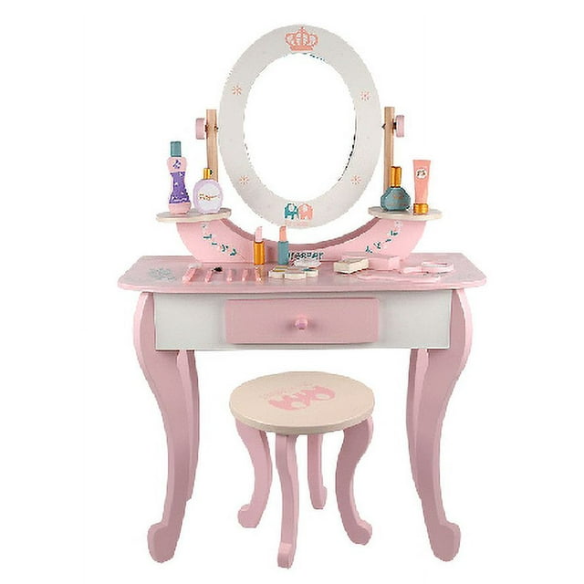 CASEMIOL Kids Vanity Set Makeup Table & Chair Tri-folding Mirror Sweet Accessories