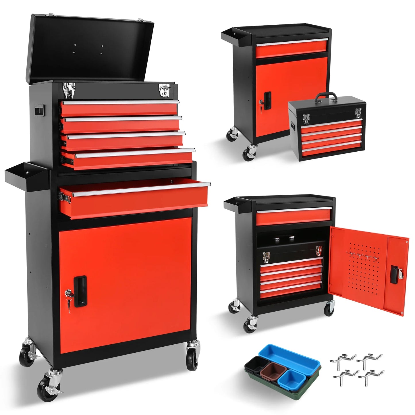 5-Drawer Rolling Tool Chest with Wheels and Door, Casemiol Tool Box with Sliding Drawer, Stainless Steel Countertop Tool Chest, Tool Chest can Form Large Workbench, Tool Chest for Garage Workship
