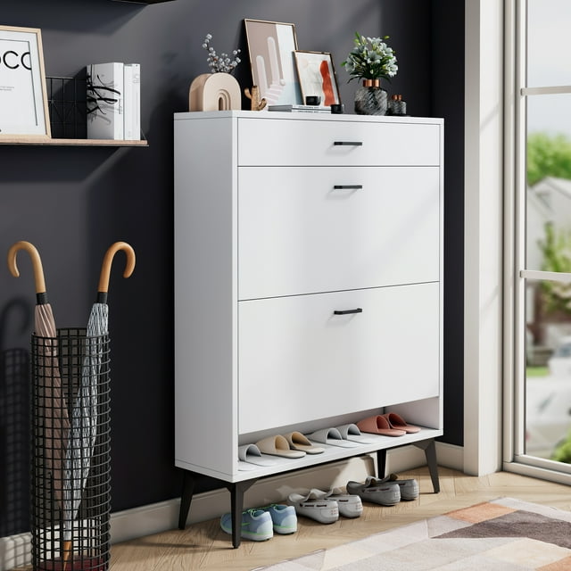 CASEMIOL Shoe Storage Cabinet for Entryway, Shoe Rack Organizer Cabinet with 2 Flip Drawers, Free Standing Shoe Storage Rack with Drawers and Open Shelf for Hallway Bedroom Closet Living Room