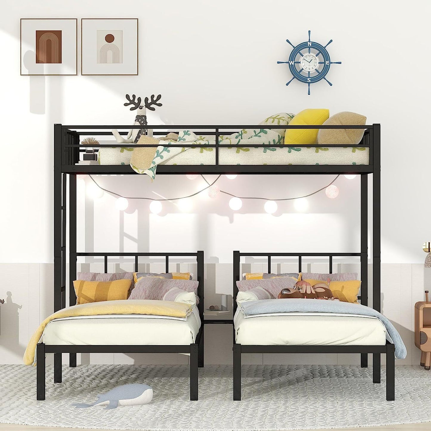 CASEMIOL Triple Bunk Beds, Twin Bunk Bed for Kids with Ladder, Headboard, Guardrail, Storage Shelves, Storage Space, Convertible to 3 Beds, Suit for Boys Girls Teens Adults, Metal, Twin Size, Black