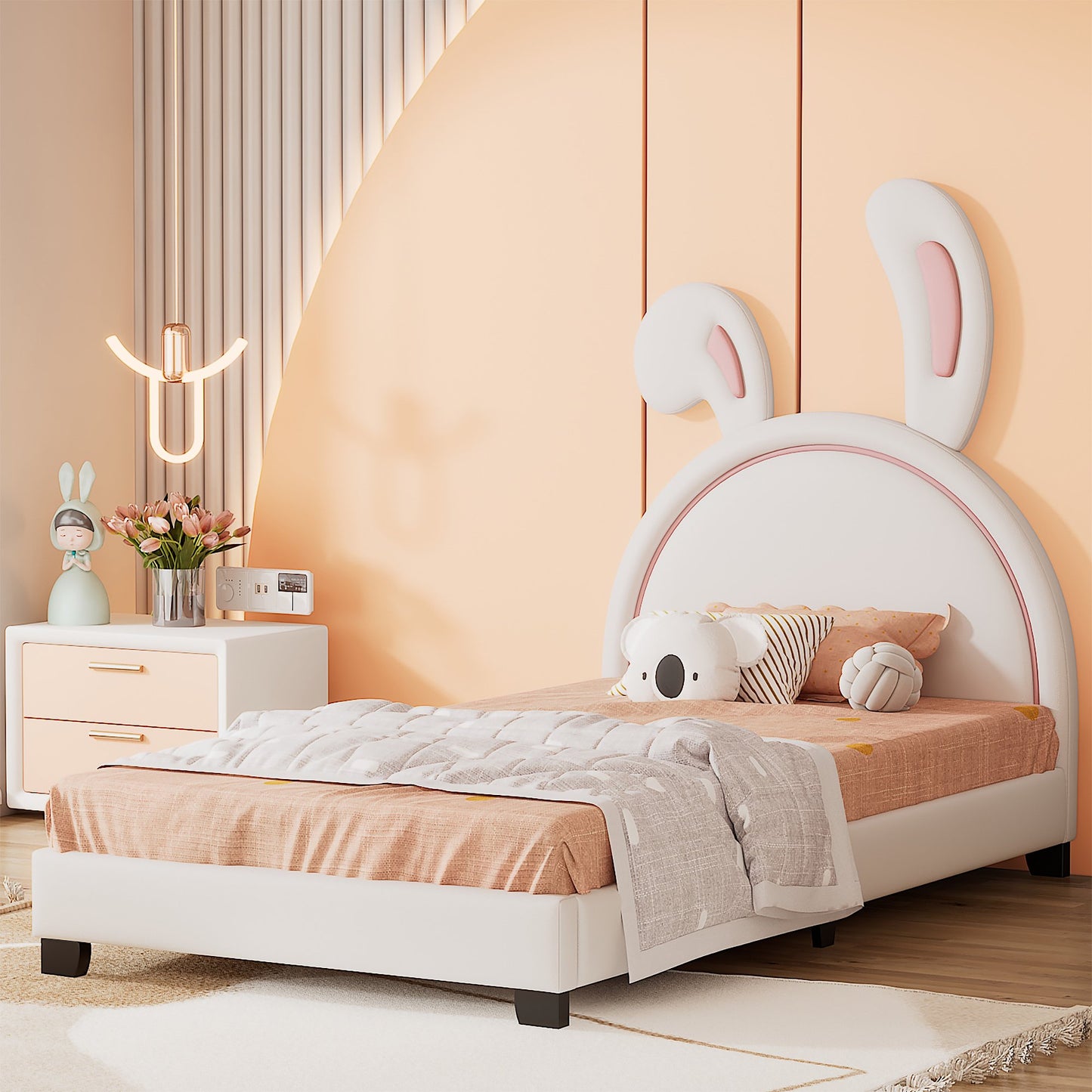 CASEMIOL Twin Bed Frames with Headboard for Kids Girls Boys, Kids Platform Bed Frame with Rabbit Shape, No Noise, No Spring Box Needed, Easy Assembly,Upholstered Leather + Wood
