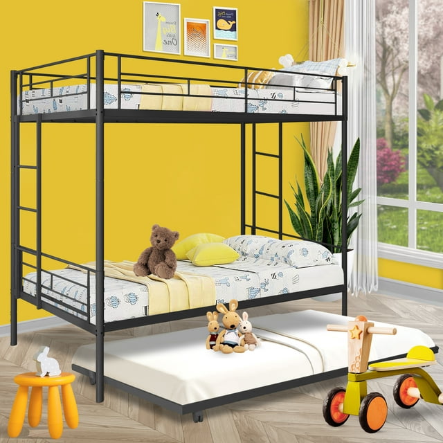 CASEMIOL Twin over Twin Metal Bunk Bed with Trundle, Bunk Bed Frame with 2 Ladders and Full-guardrail, Can Be Divided Into 3 Twin Beds, No Box Spring Need, for Adults Teens Kids, Black