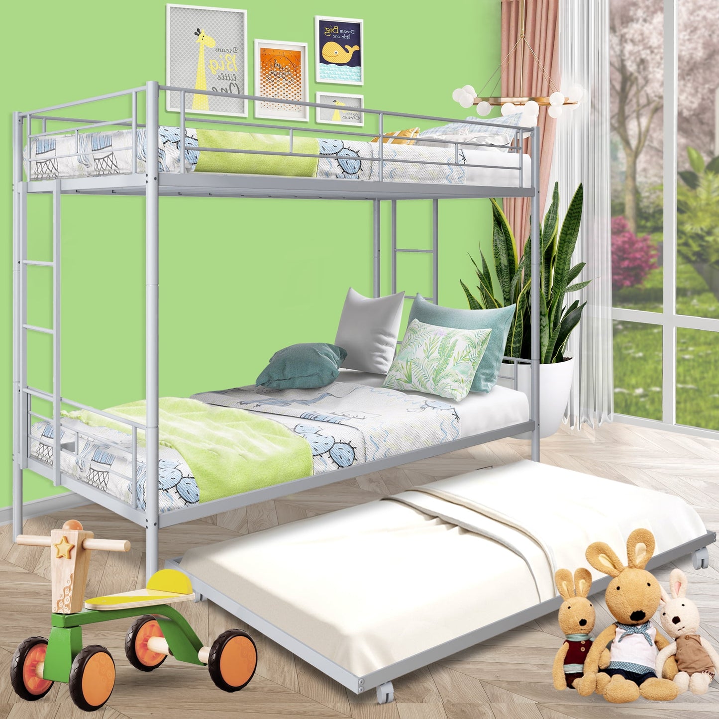 CASEMIOL Twin over Twin Metal Bunk Bed with Trundle, Bunk Bed Frame with 2 Ladders and Full-guardrail, Can Be Divided Into 3 Twin Beds, No Box Spring Need, for Adults Teens Kids, Silver