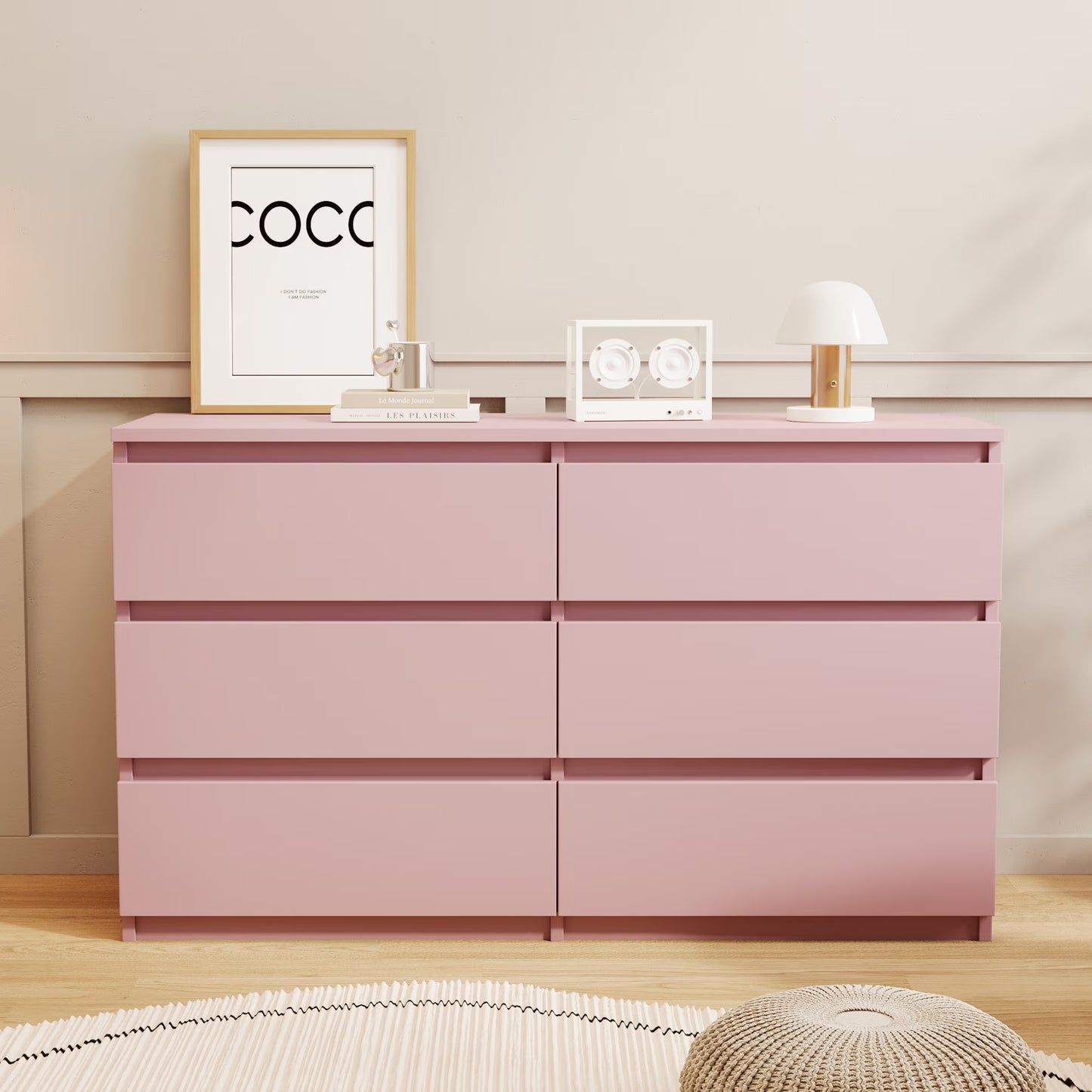 Wood Dresser, 6 Drawer Wide Storage Chest for Bedroom