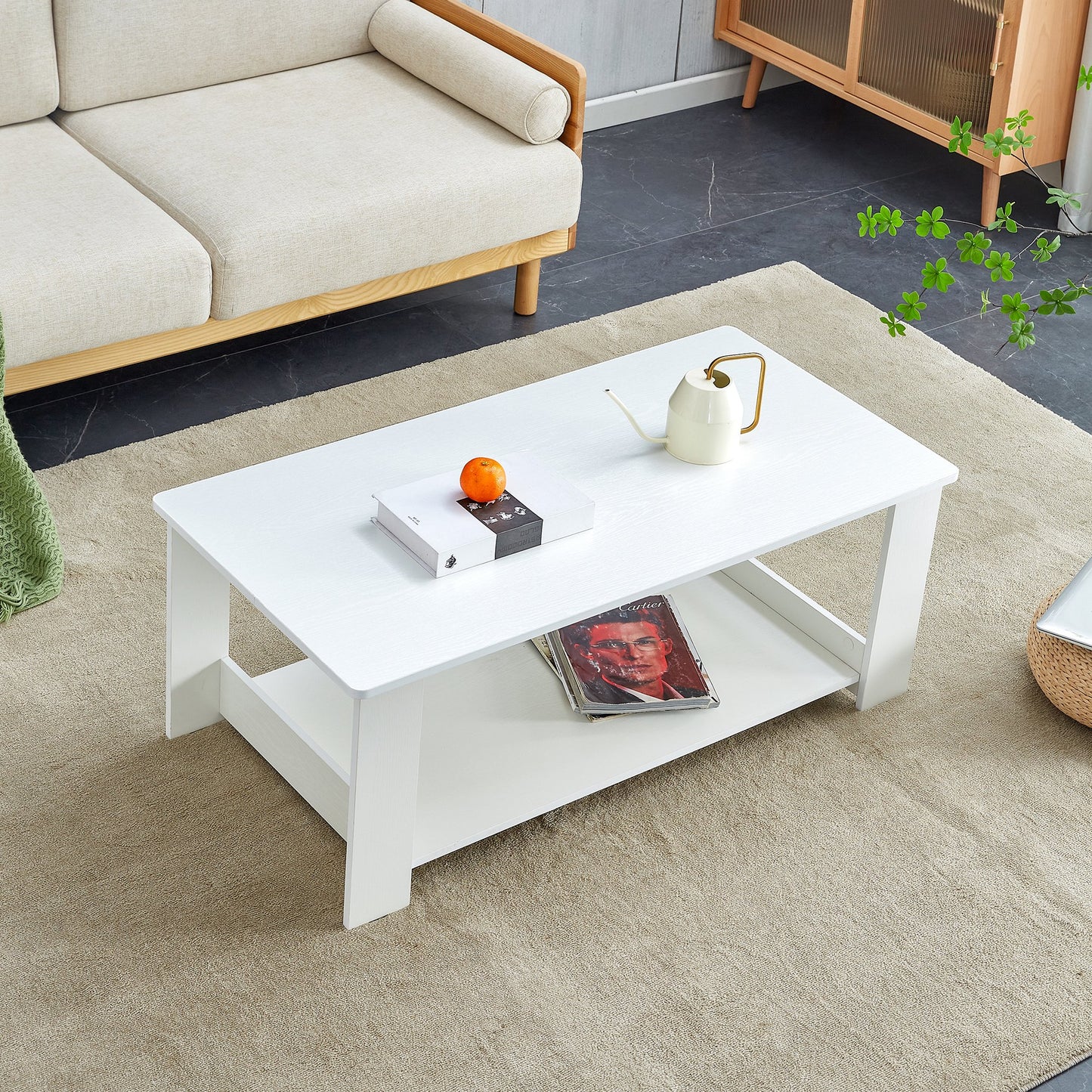Coffee Table with Double Layer Storage Center, Modern Coffee Table Center Cocktail Table with Sturdy Frame and Rounded Edge, Tea Table for Living room, Bedroom, Study, White