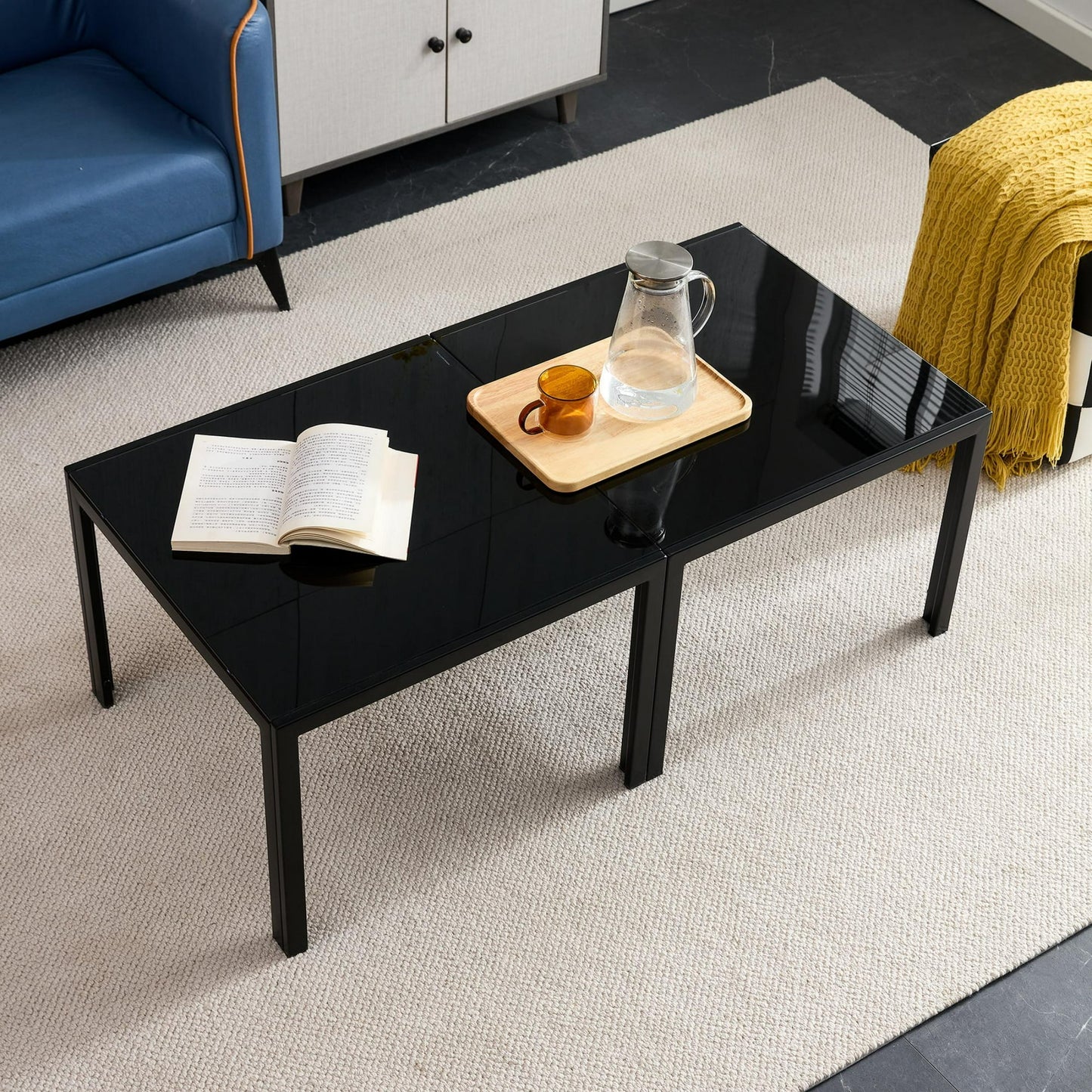 Coffee Table Set 2 pieces, Modern Minimalist Square Center Cocktail Table Set with Tempered Glass Finish, Industrial Metal Tea Table for Living Room Home Office, Black